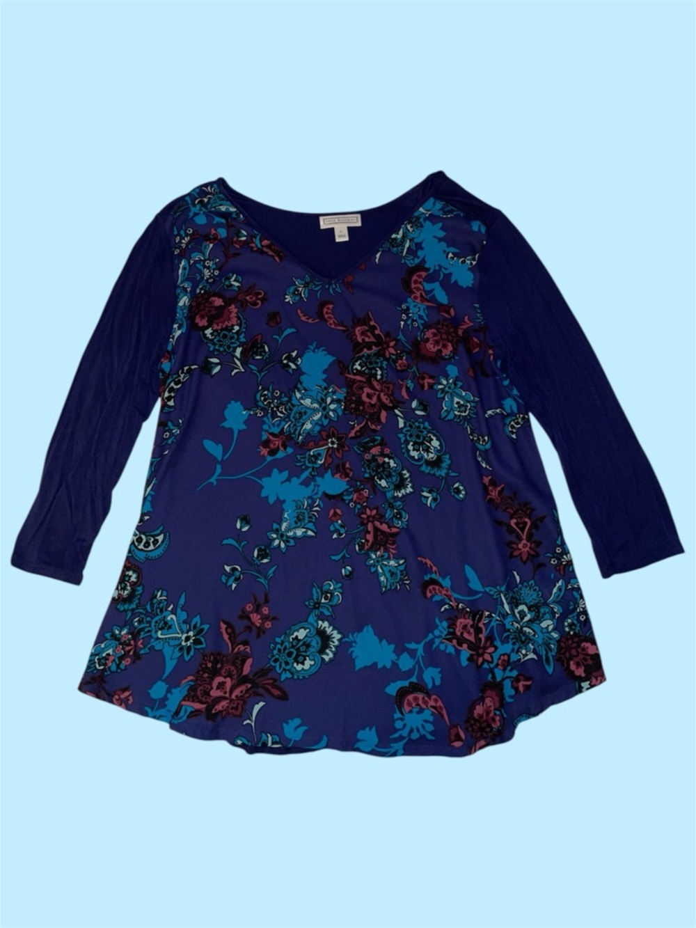 Dana Buchman Blue and Maroon Floral Woven/Knit Top